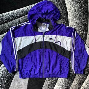 Vtg 90s Adidas Stripes Purple White Black Full Zip Hooded Windbreaker Jacket